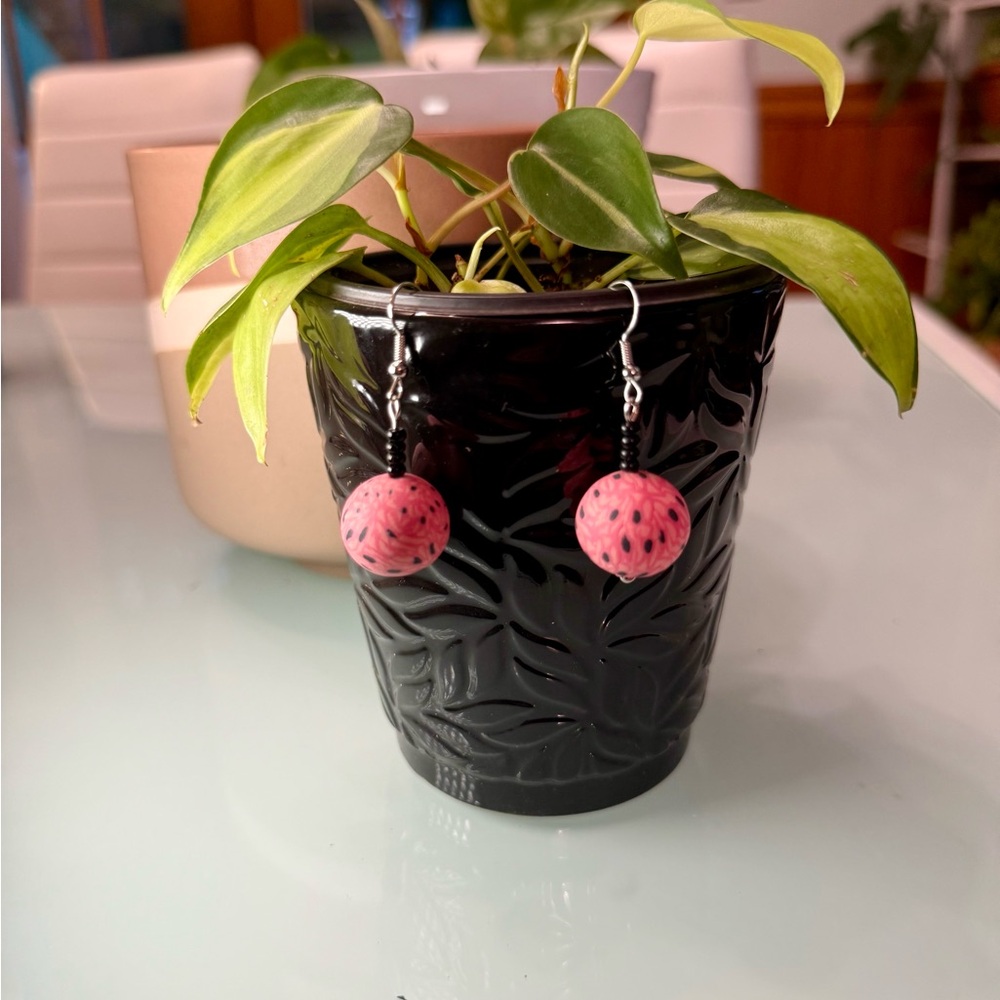 Pink and Black Dotted Handmade Polymer Clay Earrings